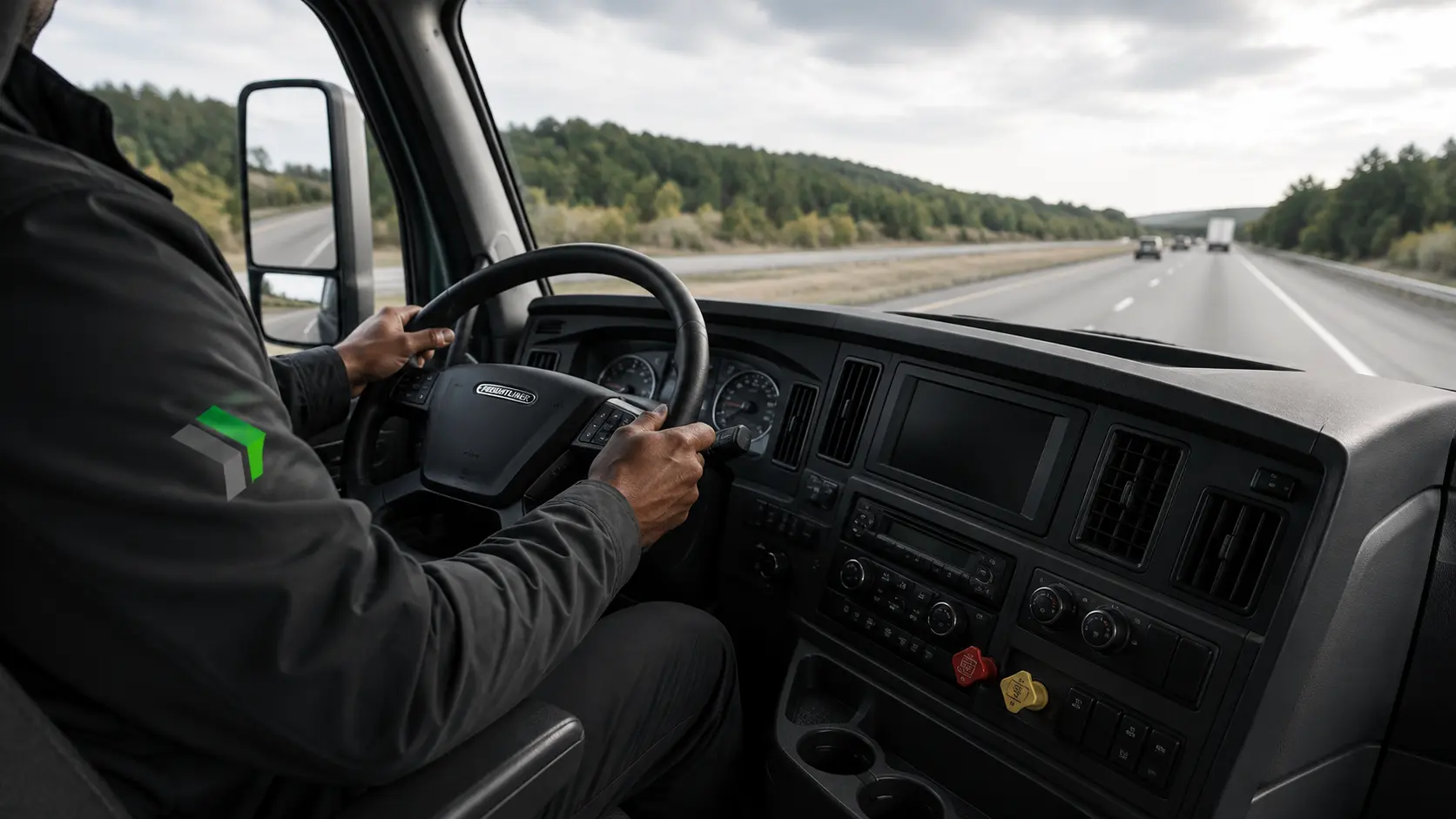 Driver at the wheel of a modern truck cab on the highway
